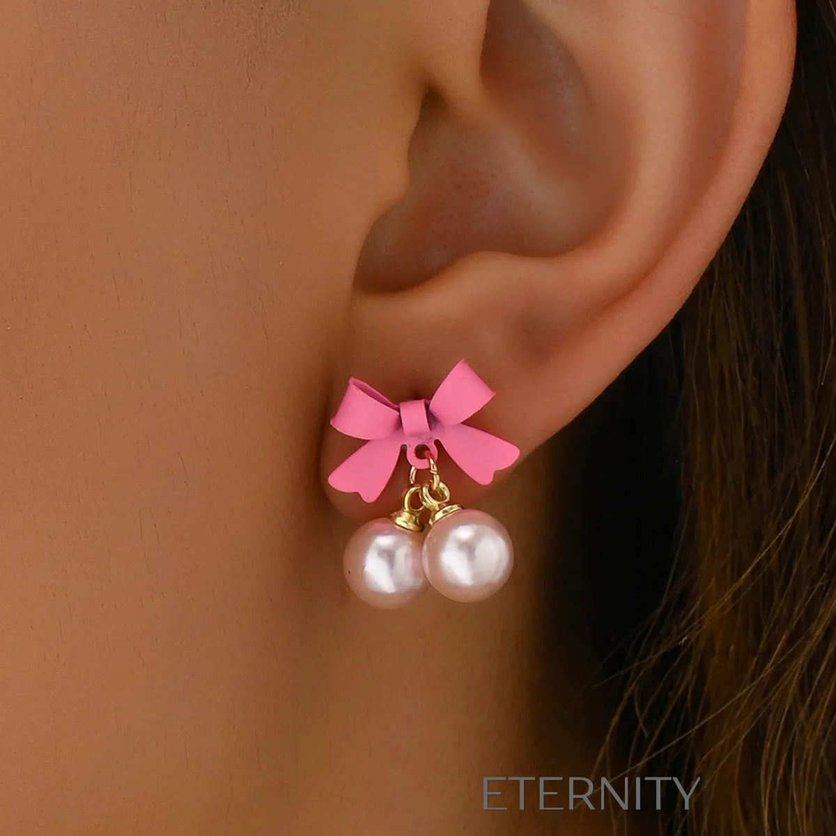 Zarcillos Pink Coquette de Lazo Rosa y Doble Perla  Zarcillos Rosa Unica Acero Inoxidable  ETERNITY