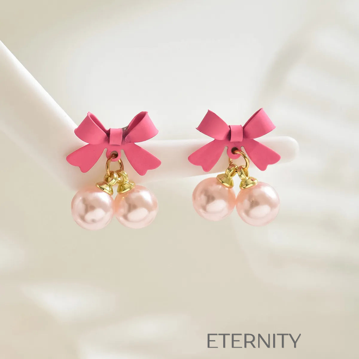 Zarcillos Pink Coquette de Lazo Rosa y Doble Perla  Zarcillos Rosa Unica Acero Inoxidable  ETERNITY