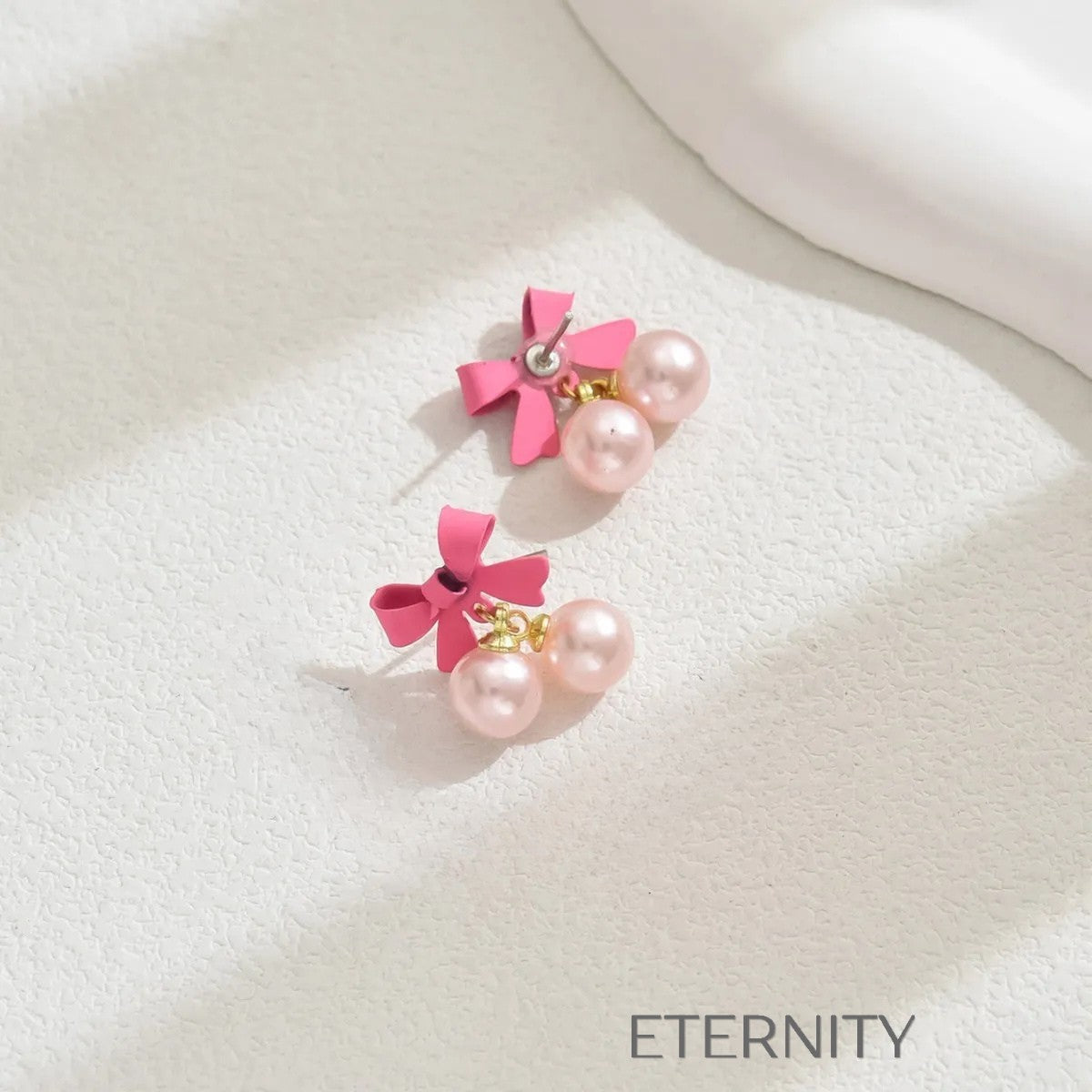 Zarcillos Pink Coquette de Lazo Rosa y Doble Perla  Zarcillos Rosa Unica Acero Inoxidable  ETERNITY