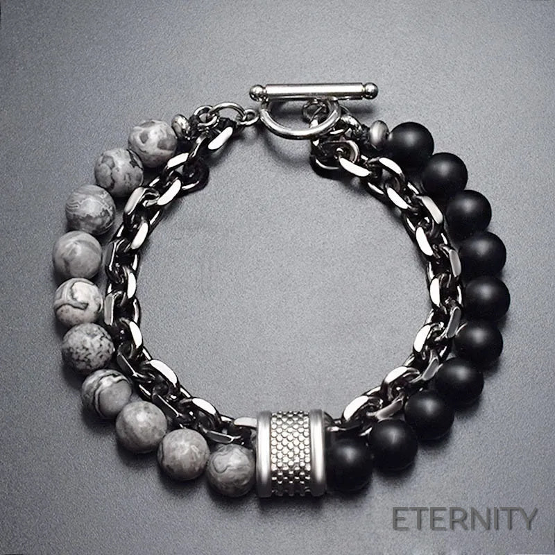 Brazalete Moderno para Hombre: Cuentas de Piedra Mate con Cadena y Cierre en T - ETERNITY