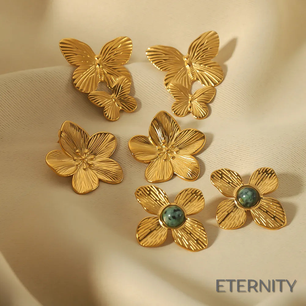 Zarcillos Dorados Estilo Retro con Diseño de Mariposa y Flor - ETERNITY