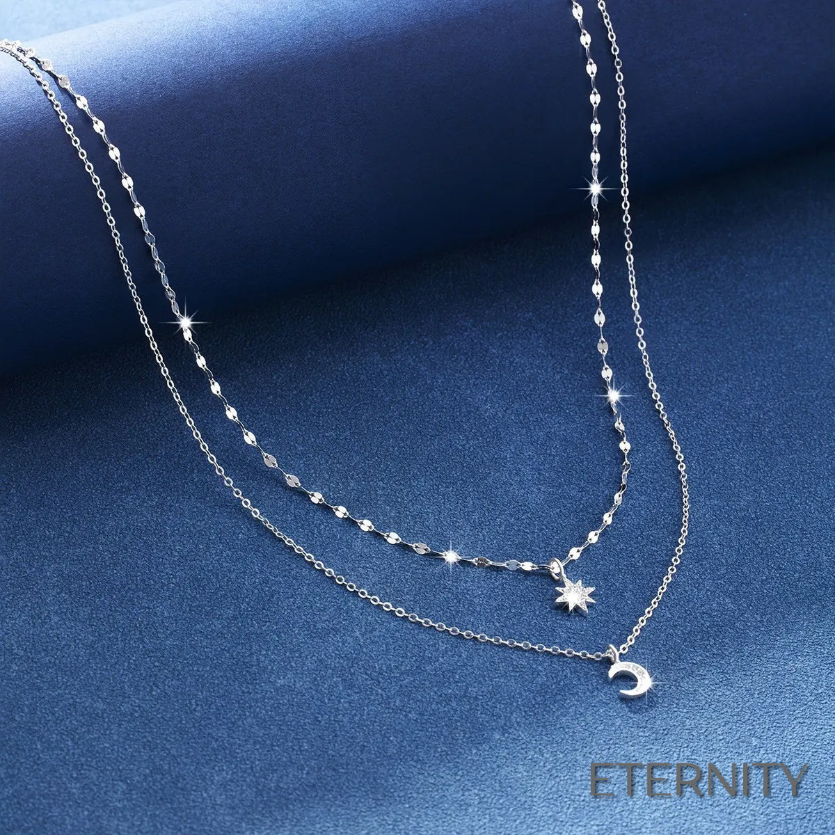 Cadena de Doble Capa con Dijes de Luna y Estrella de Circonitas - ETERNITY