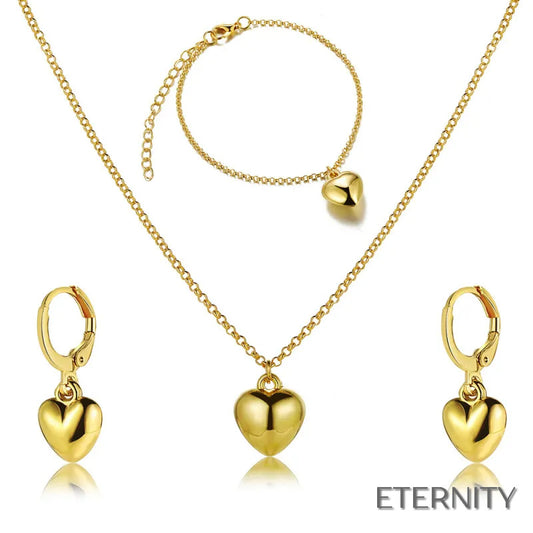 Set de Collar, Pulsera y Zarcillos de Corazón Abultado en Dorado - ETERNITY