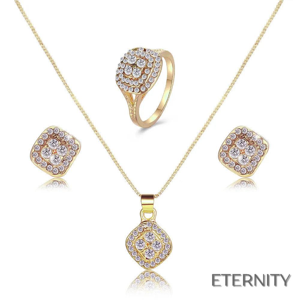 Conjunto Femenino Brillante: Collar, Aretes y Anillo Cuadrados con Cristales - ETERNITY