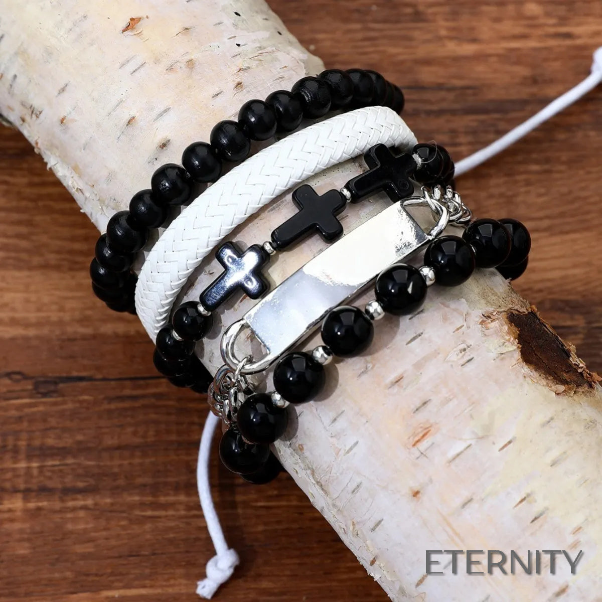 Set de Pulsera Clásica Masculina con Cuentas Oscuras y Símbolos de Cruzes - ETERNITY