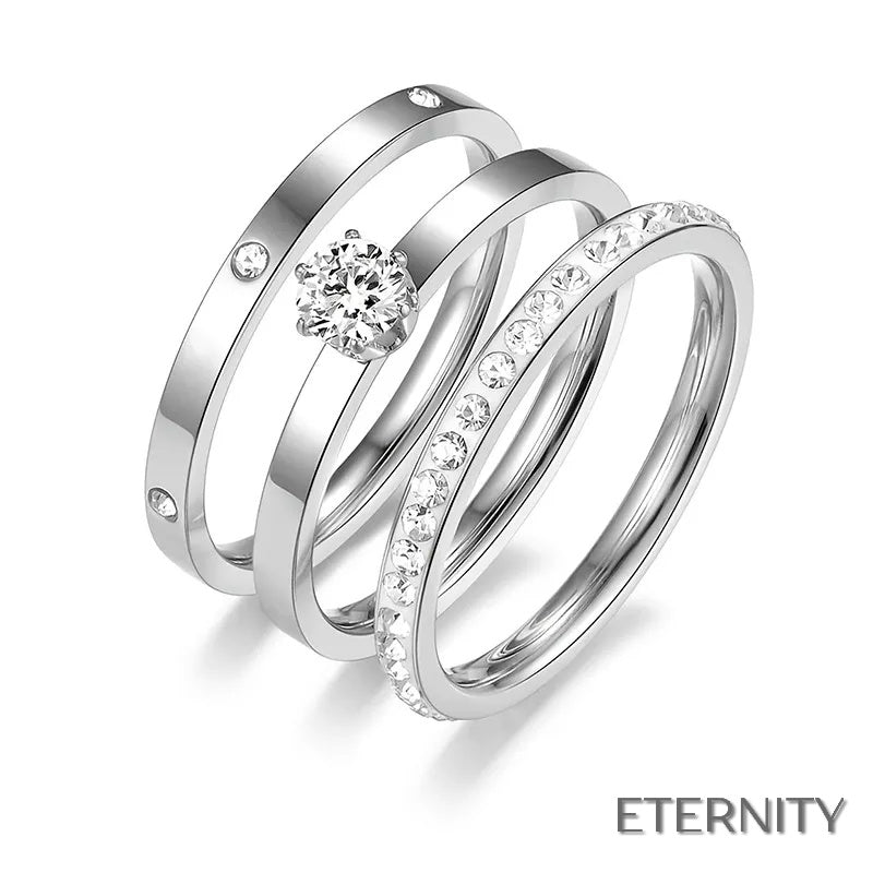 Trío de Anillos Femeninos: Solitario, Hilera de Brillantes y Detalles Luminosos - ETERNITY