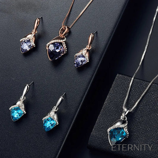 Set Elegante de Collar y Zarcillos con Cristales en Forma de Capullo Oro Rosa y Morado/Plateado y Azul - ETERNITY