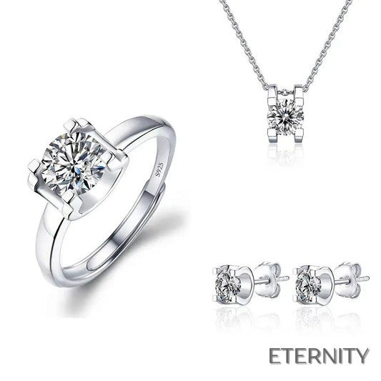 Elegante Conjunto Plateado de Anillo, Collar y Zarcillos con Circonita Solitaria - ETERNITY