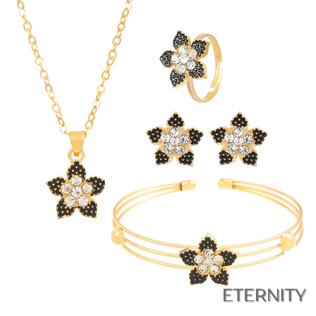 Set de Accesorios Dorado con Corazón y Brillantes: Cadena, Pulsera, Anillo y zarcillos - ETERNITY
