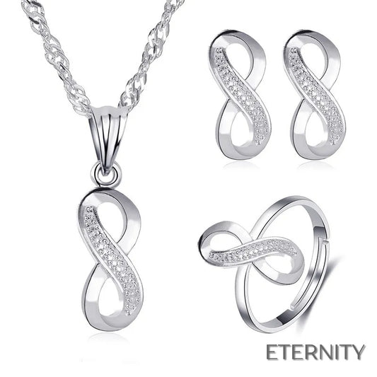 Conjunto Femenino de Collar Zarcillos y Anillocon Dise√±o de Infinito Adornado con Circonitas - ETERNITY