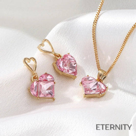 Set Dorado de Cadena y Zarcillos con Corazón de Cristal Rosa Melocotón - ETERNITY