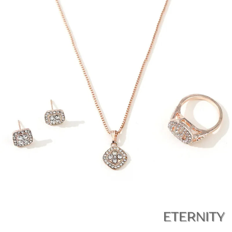 Conjunto Femenino Brillante: Collar, Aretes y Anillo Cuadrados con Cristales - ETERNITY