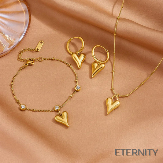 Set de Joyería Minimalista: Corazones Tridimensionales en Collar, Pulsera y Aros - ETERNITY