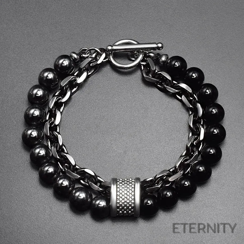 Brazalete Moderno para Hombre: Cuentas de Piedra Mate con Cadena y Cierre en T - ETERNITY