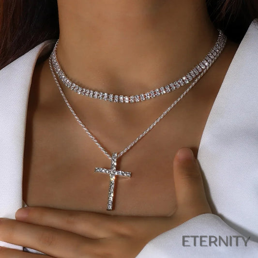 Elegante Collar Femenino con Gargantilla Brillante y Cruz Luminosa - ETERNITY