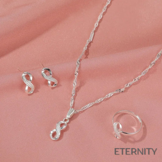 Conjunto Femenino de Collar Zarcillos y Anillocon Diseño de Infinito Adornado con Circonitas - ETERNITY