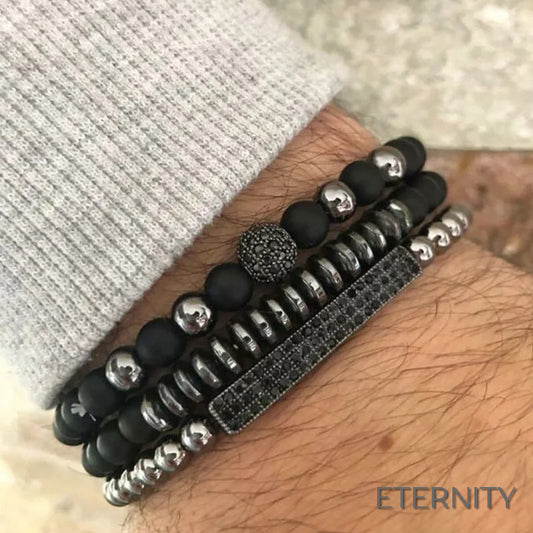 Set de 3 Brazaletes Negros Mate y Plateados con Circonitas para Hombre - ETERNITY