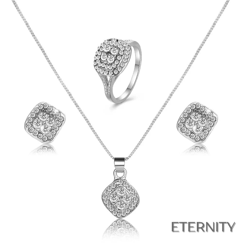 Conjunto Femenino Brillante: Collar, Aretes y Anillo Cuadrados con Cristales - ETERNITY