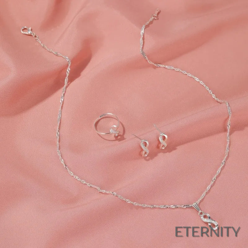 Conjunto Femenino de Collar Zarcillos y Anillocon Diseño de Infinito Adornado con Circonitas - ETERNITY