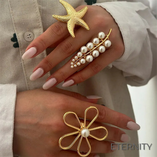 Anillos Dorados Exagerados con Perlas (Rama, Flor, Estrella de Mar) - ETERNITY