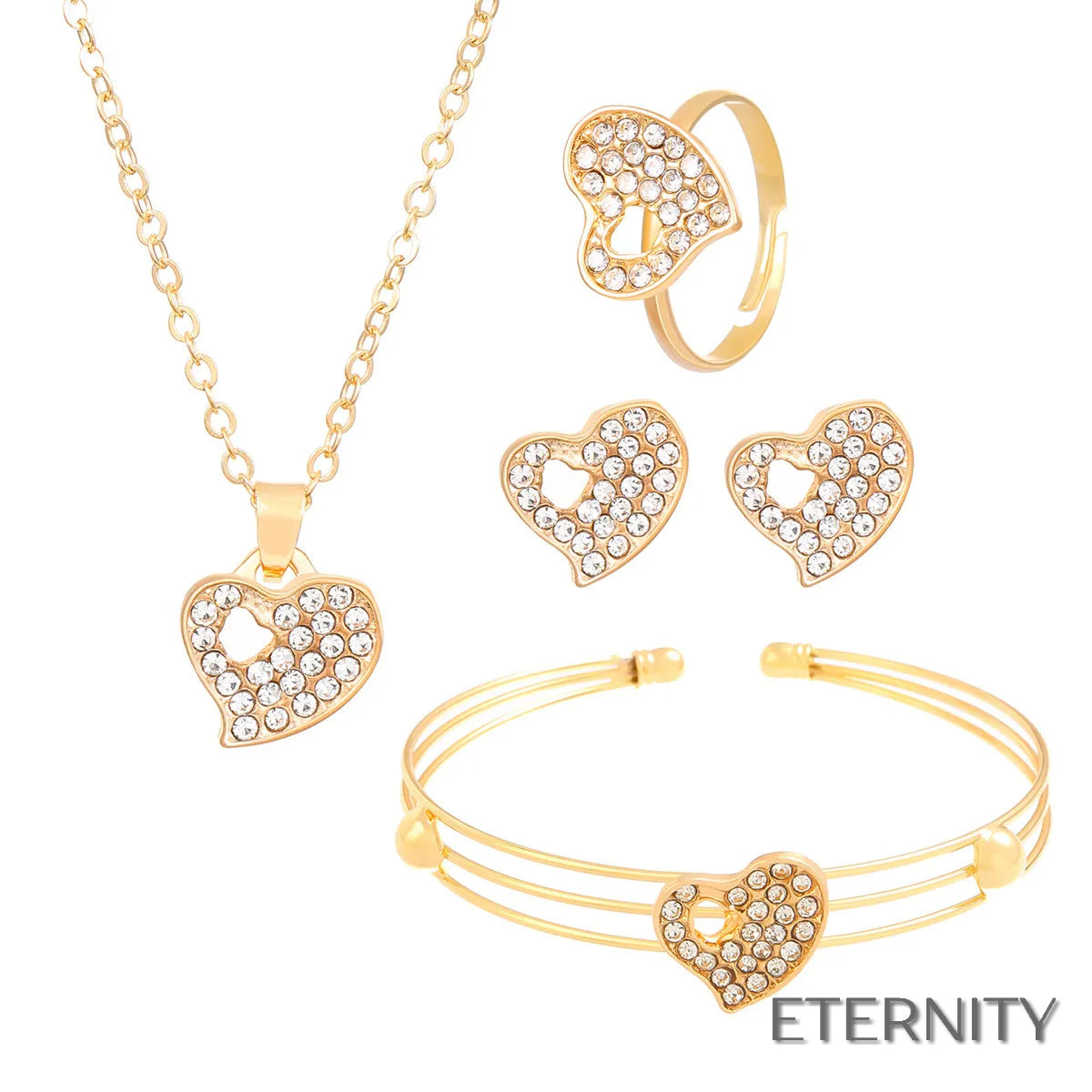 Set de Accesorios Dorado con Corazón y Brillantes: Cadena, Pulsera, Anillo y zarcillos - ETERNITY