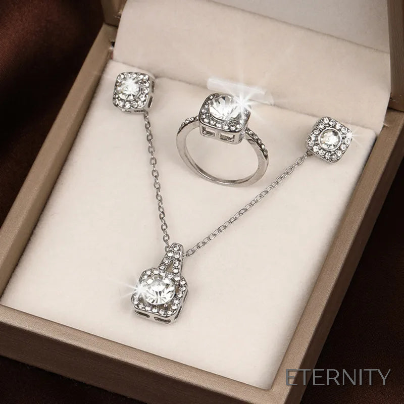 Elegante Trío de Joyas: Anillo, Collar y Aretes Cuadrados con Destellos - ETERNITY