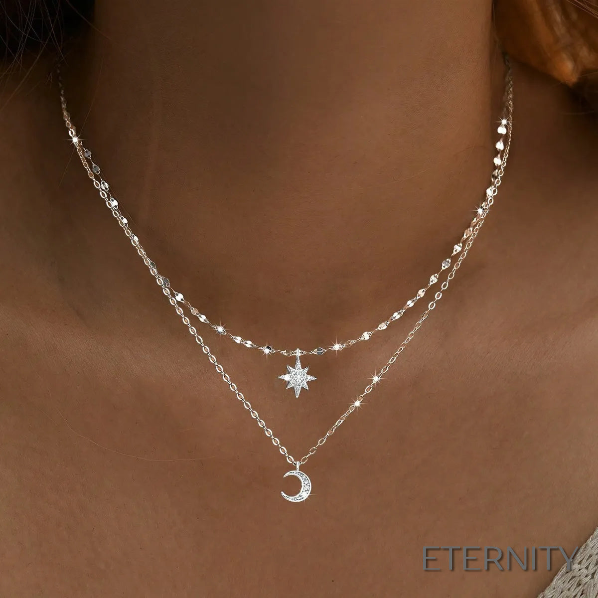 Cadena de Doble Capa con Dijes de Luna y Estrella de Circonitas - ETERNITY