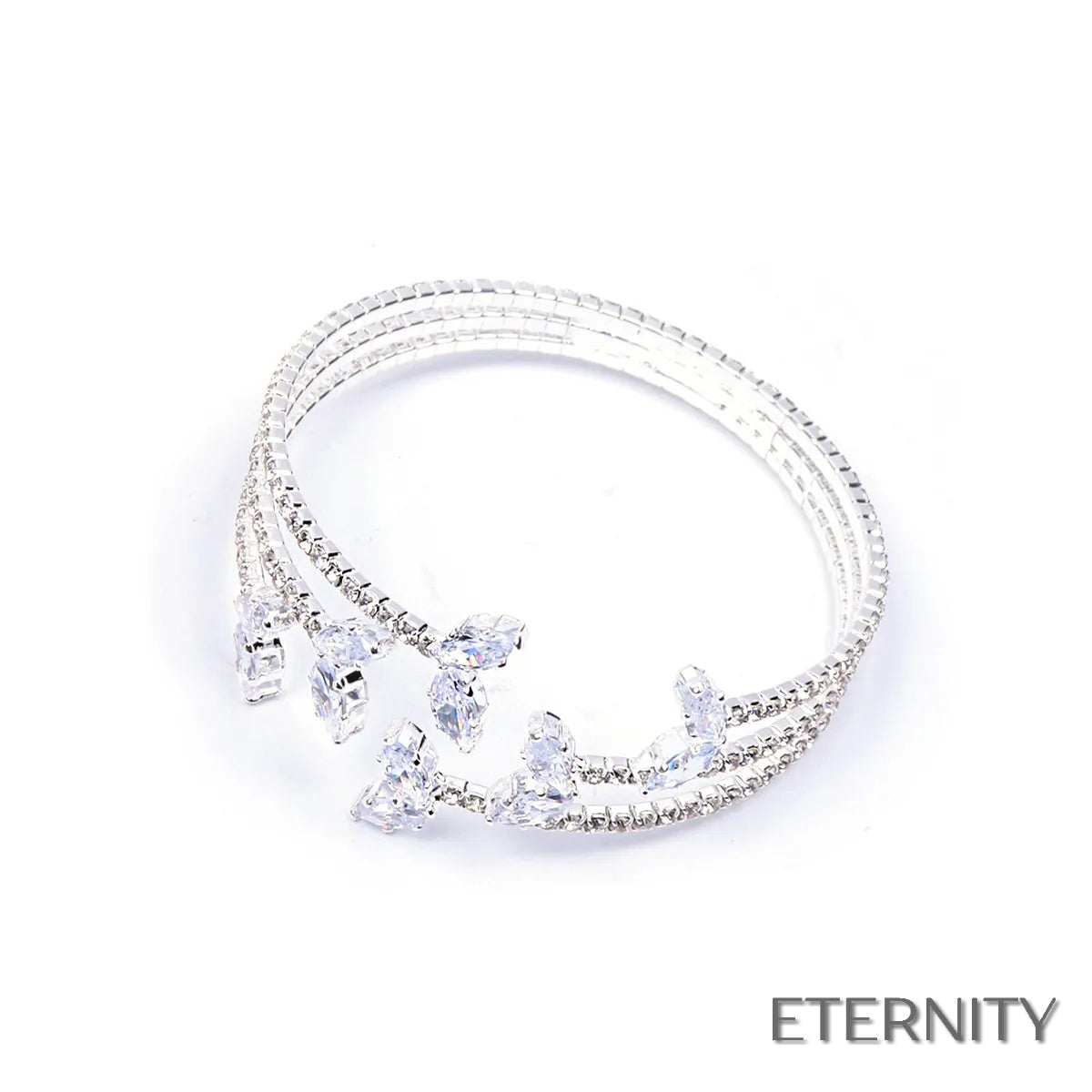Pulsera Plateada Elástica con Diseño de Hojas y Cristales Luminosos - ETERNITY