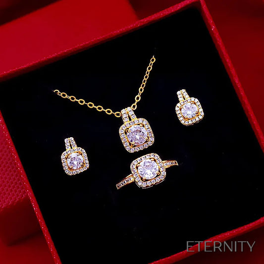 Set de Accesorios Dorados con Circonitas Cuadradas y Halo Brillante - Collar, Pendientes y Anillo ETERNITY