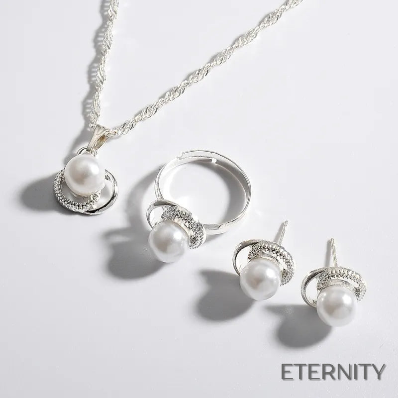 Elegante Conjunto Femenino: Cadena, Anillo y Aretes con Perlas Simuladas y Adornos Luminosos - ETERNITY