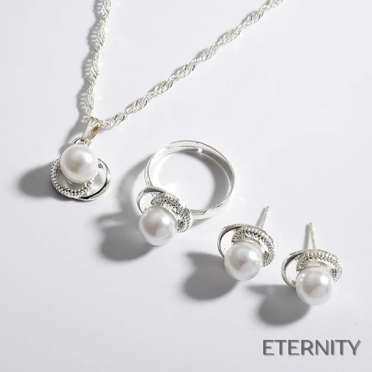 Elegante Conjunto Femenino: Cadena, Anillo y Aretes con Perlas Simuladas y Adornos Luminosos - ETERNITY