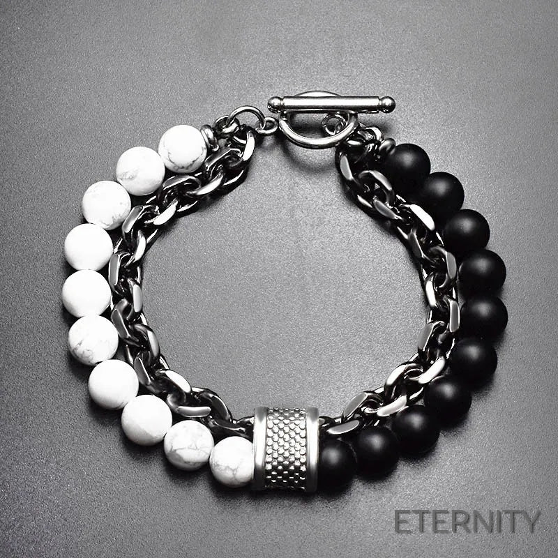Brazalete Moderno para Hombre: Cuentas de Piedra Mate con Cadena y Cierre en T - ETERNITY