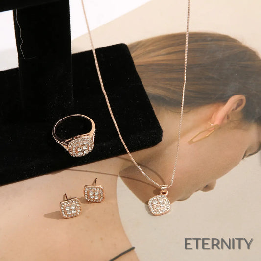 Conjunto Femenino Brillante: Collar, Aretes y Anillo Cuadrados con Cristales - ETERNITY