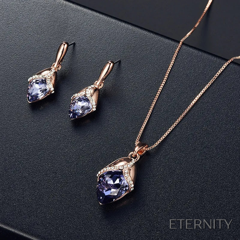Set Elegante de Collar y Zarcillos con Cristales en Forma de Capullo Oro Rosa y Morado/Plateado y Azul - ETERNITY