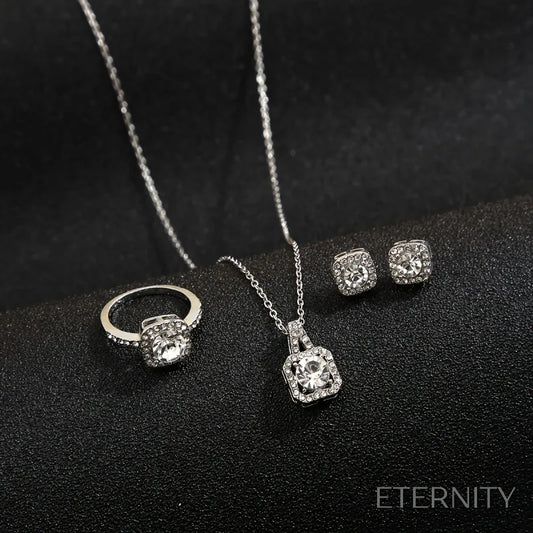 Elegante Trío de Joyas: Anillo, Collar y Aretes Cuadrados con Destellos - ETERNITY