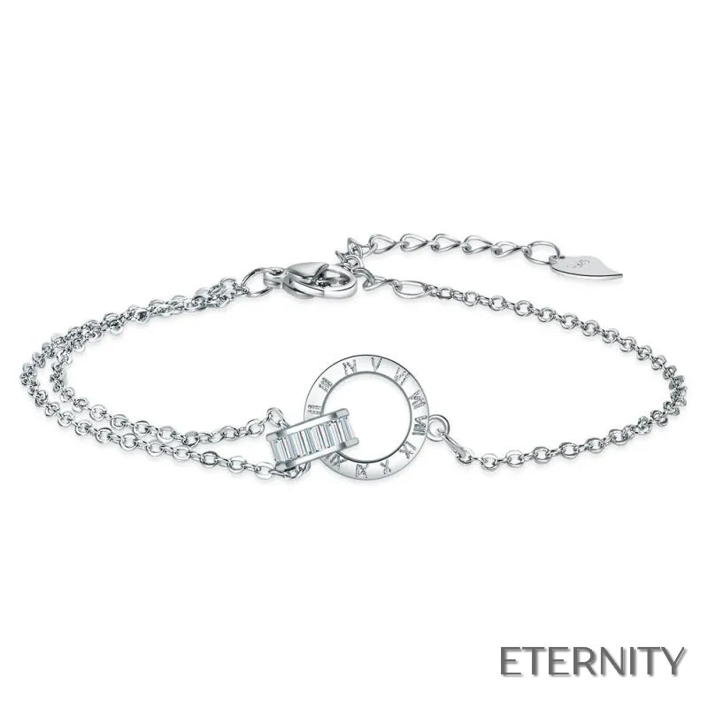 Elegante Juego de Accesorios Femeninas: Collar y Brazalete con Diseño Circular, Números Romanos y Cristales - ETERNITY