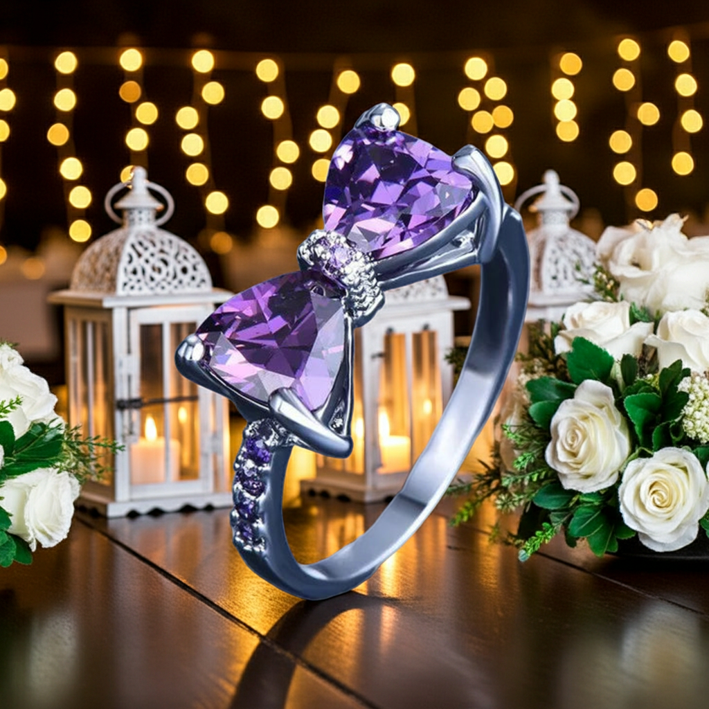 Anillo "Amethyst Bow" de Lazo con Cristales Violetas y Banda Empedrada ETERNITY